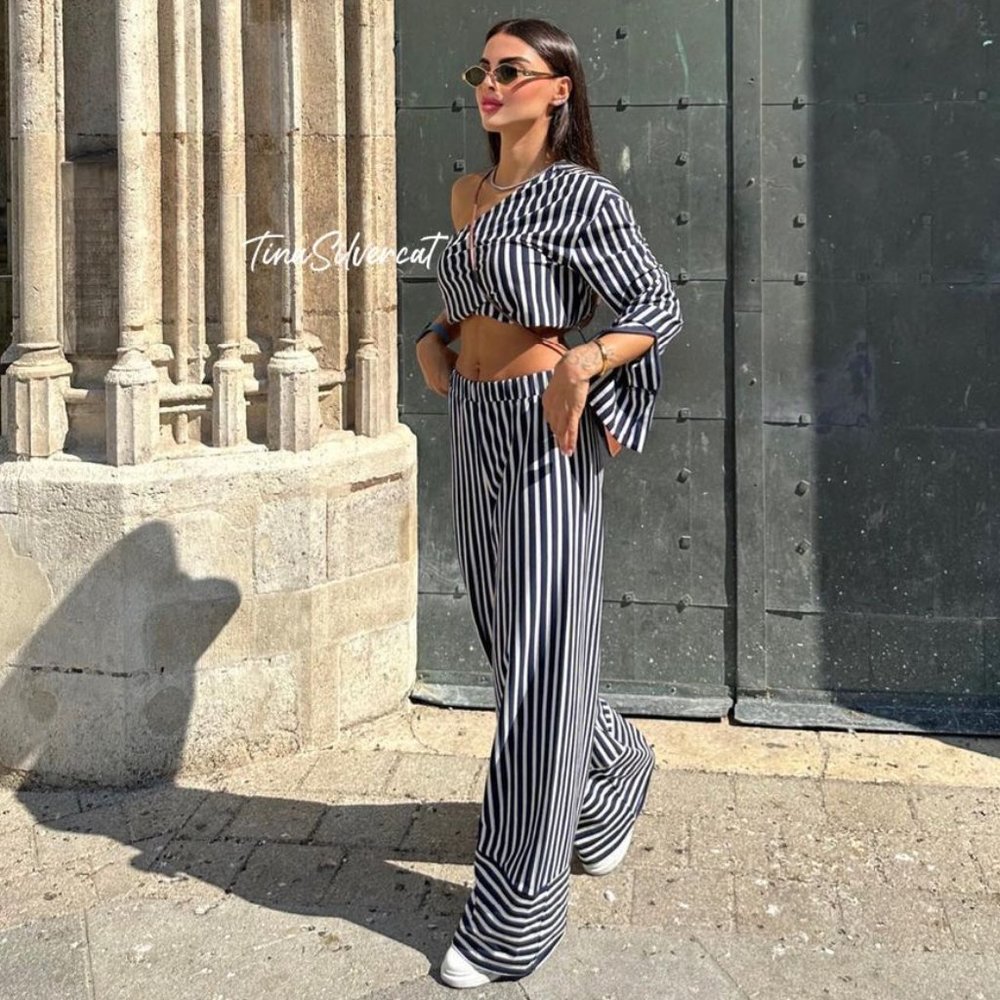 Zara Co-ord Set Striped Pants And Shirt Black White NWT